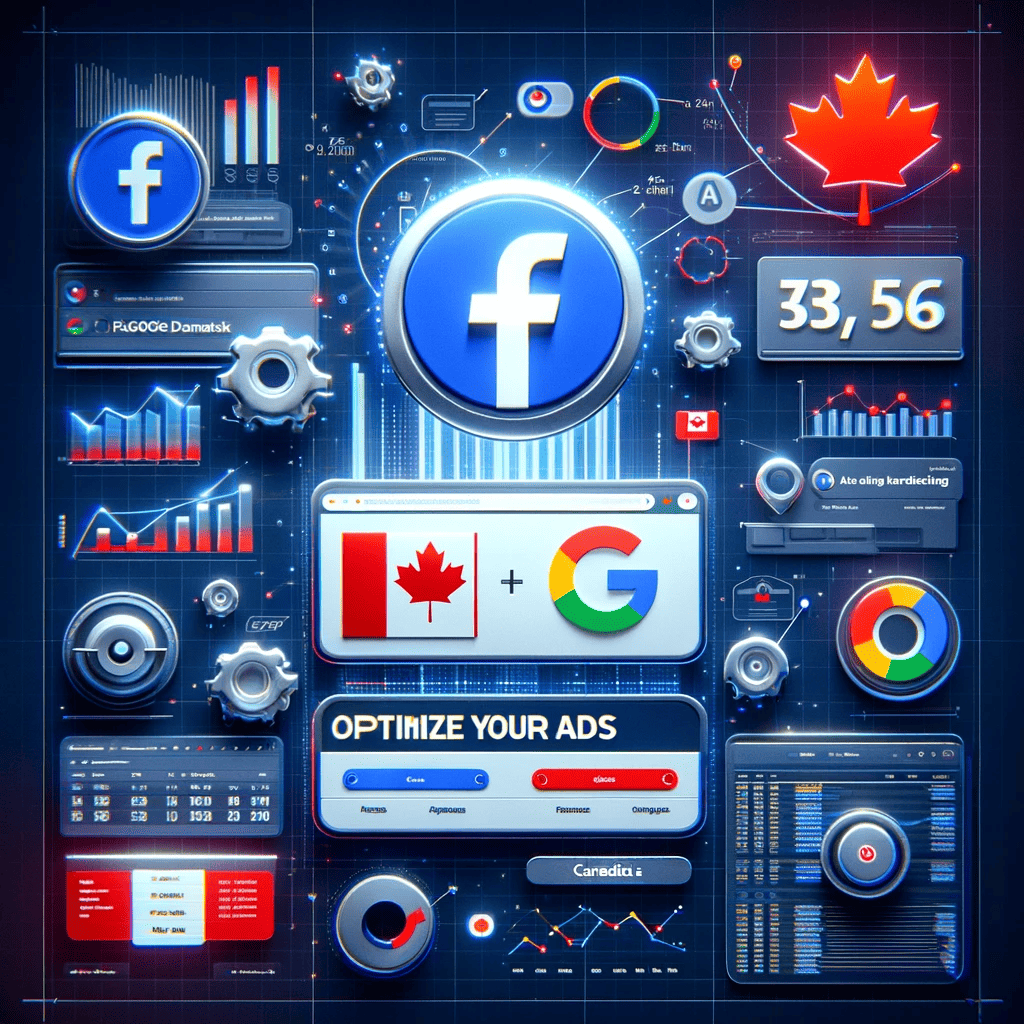 Digital marketing concept for the Canadian market, featuring Facebook and Google logos, analytics on a computer screen, and subtle Canadian elements like a maple leaf, all set against a professional backdrop with phrases 'Optimize Your Ads' and 'Canada's Digital Market'.