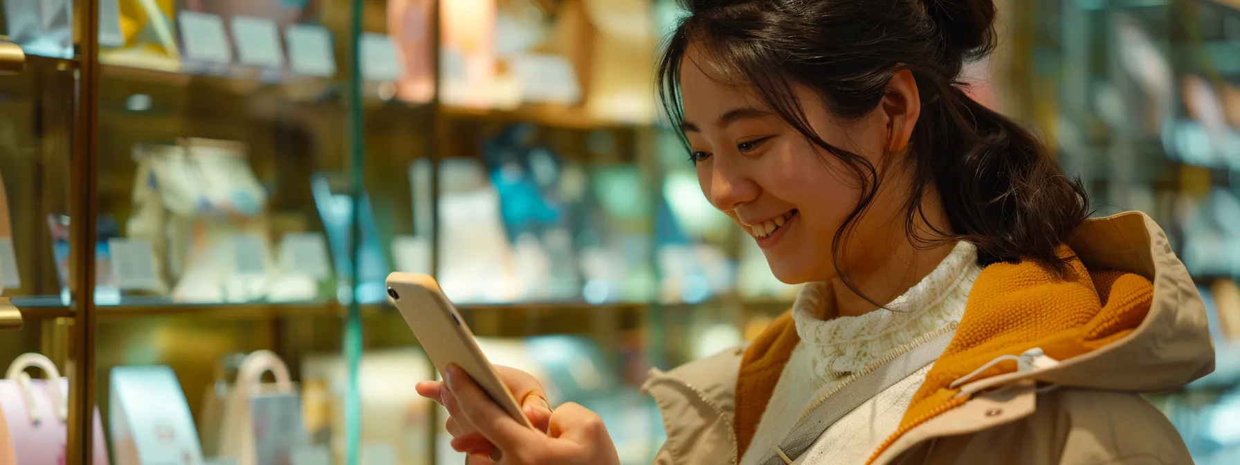 a person browsing on their mobile phone while smiling at a product display.