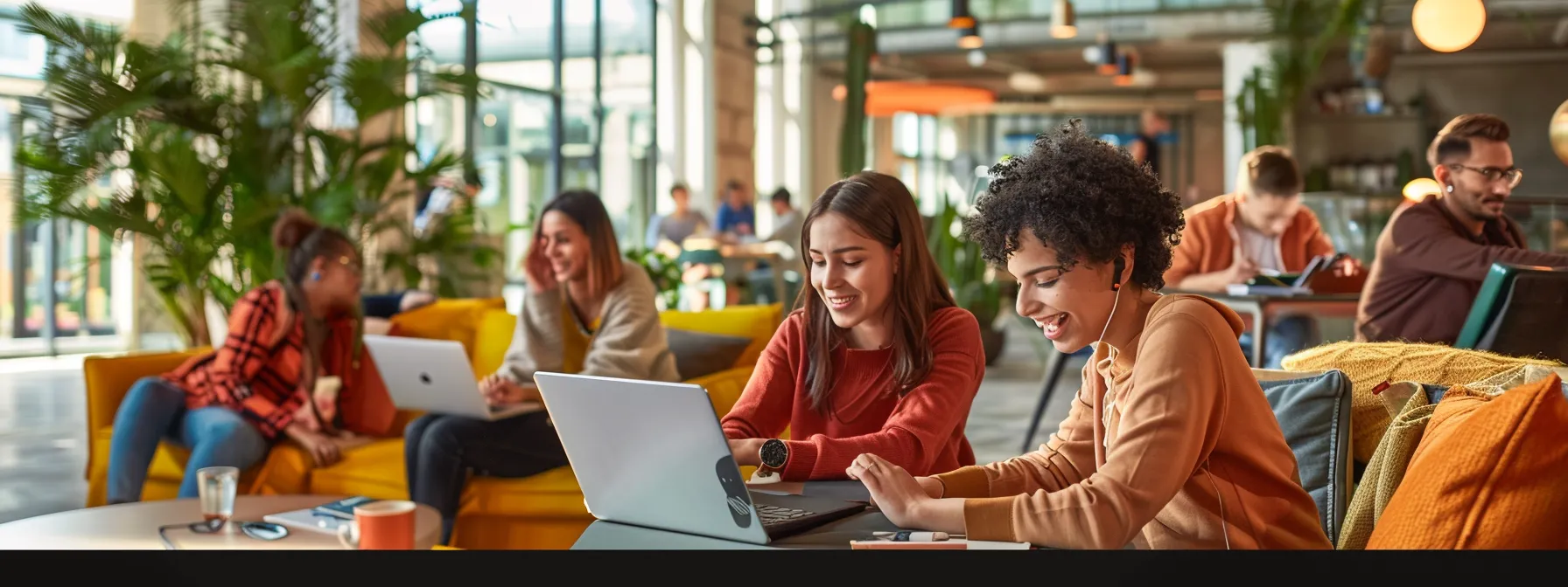 a group of diverse people working together on a laptop in a modern office space with sustainable design elements.