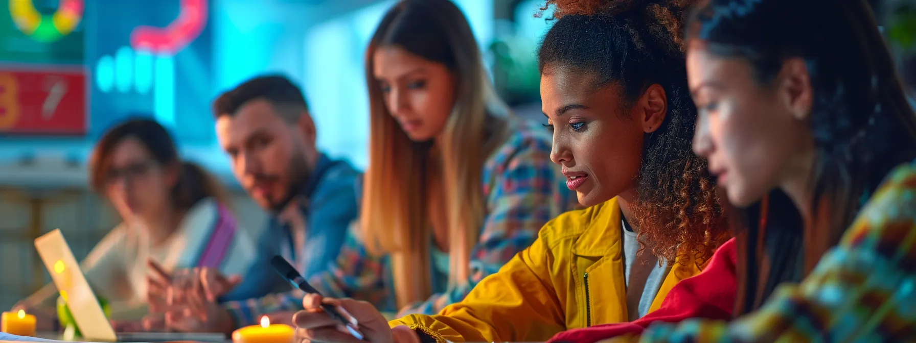 a diverse group of people from different cultures engaging with a variety of digital devices, while colorful charts and graphs display data analytics in the background.